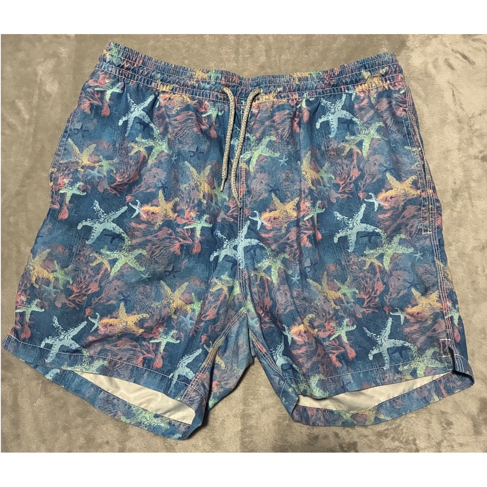 Michaels Mens Starfish Coral Print Swim Trunks Blue Pink Size Large Board Shorts